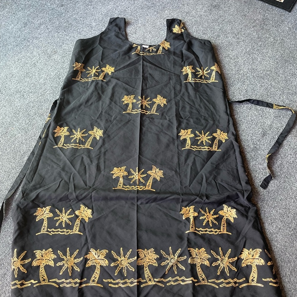 Rima Beachwear Long Tropical Print Black & Gold Boho Long Dress sz XXL